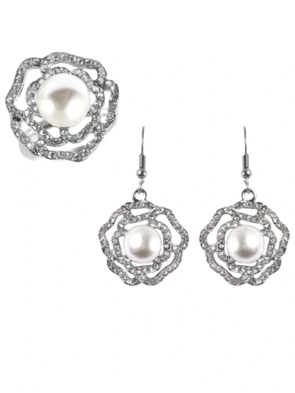 Simulated Pearl/ White Crystal Ring and Earring Set